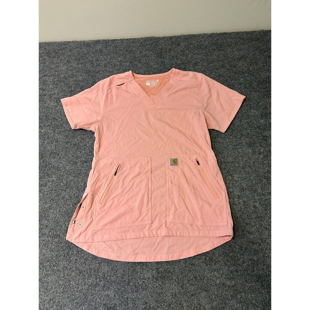 Carhartt Scrub Top Womens Size S Pink Modern Fit V-Neck Pocket Workwear Stain